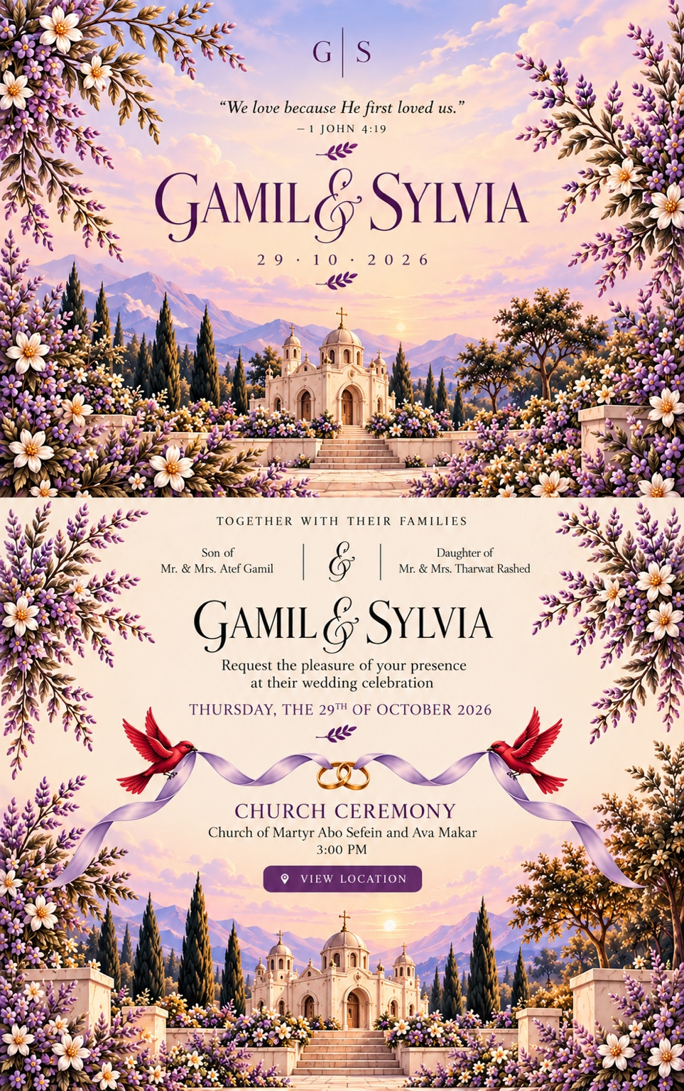Gamil and Sylvia wedding invitation and church ceremony